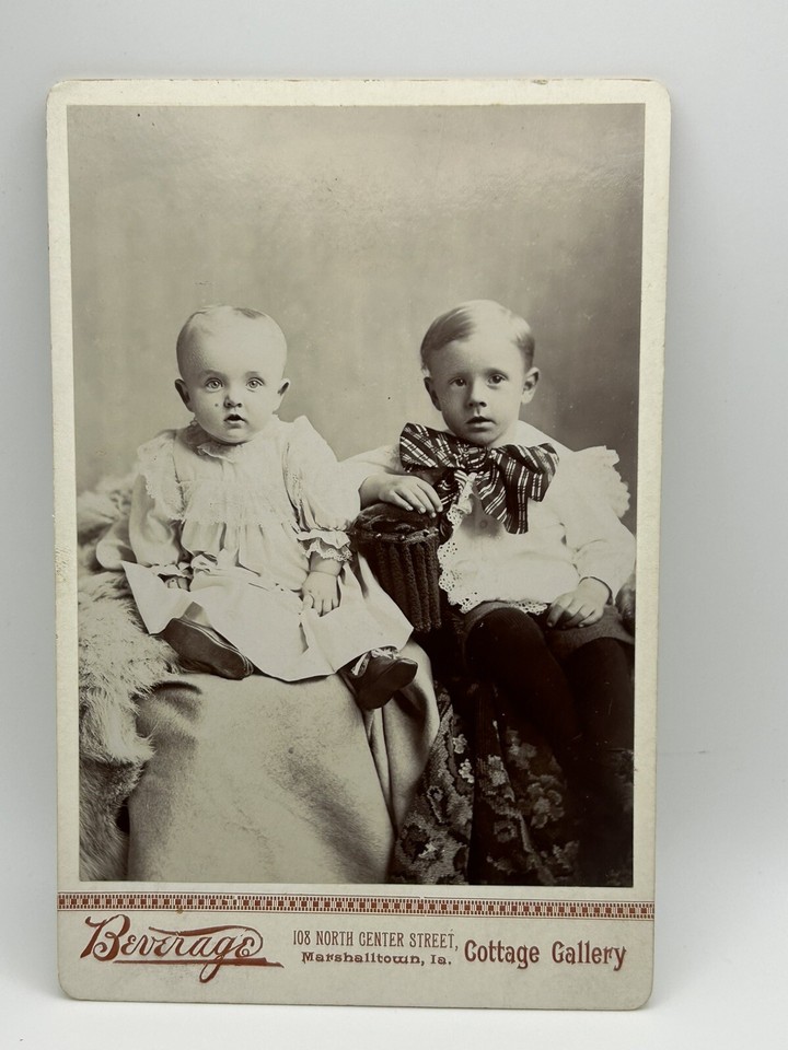 Antique Photo CDV Adorable Boy Girl Huge Bow Big Eyes Marshalltown Iowa