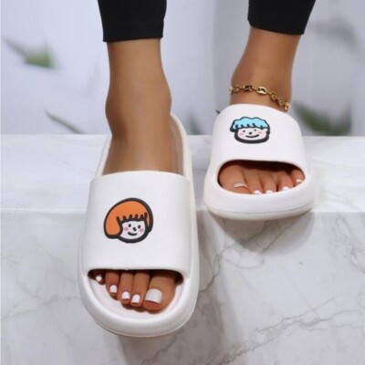 Cute Cartoon People Chunky Slides White Slip On Sandals Beach