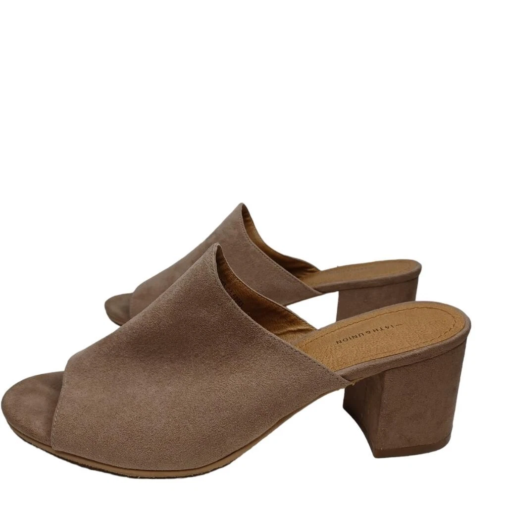 14th and Union Heeled Mules Open Toe Faux Suede Hayzel Taupe