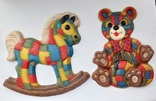 MCM 1970's Cottagecore Patchwork Quilted Rocking Horse Teddy Bear Wall Decor