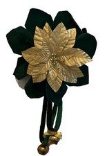 Christmas Door Knob Hanger Jingle Bells Green Gold Velvet Poinsetta Flower 15  