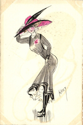 PC ARTIST SIGNED, KABY, GLAMOUR LADY IN A BIG HAT, Vintage Postcard (b50212)