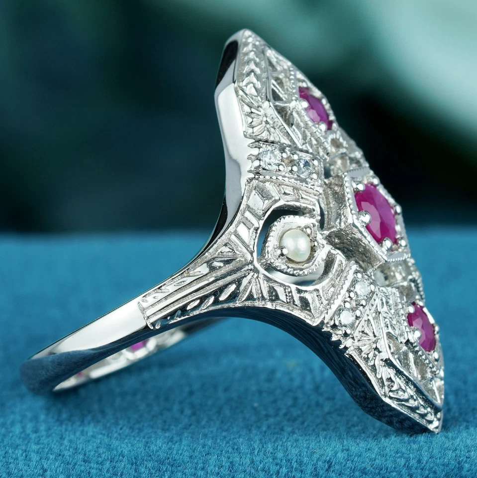 9K White Gold Genuine Ruby Pearl Diamond Art Deco Style Dinner Ring - Image 4 of 4