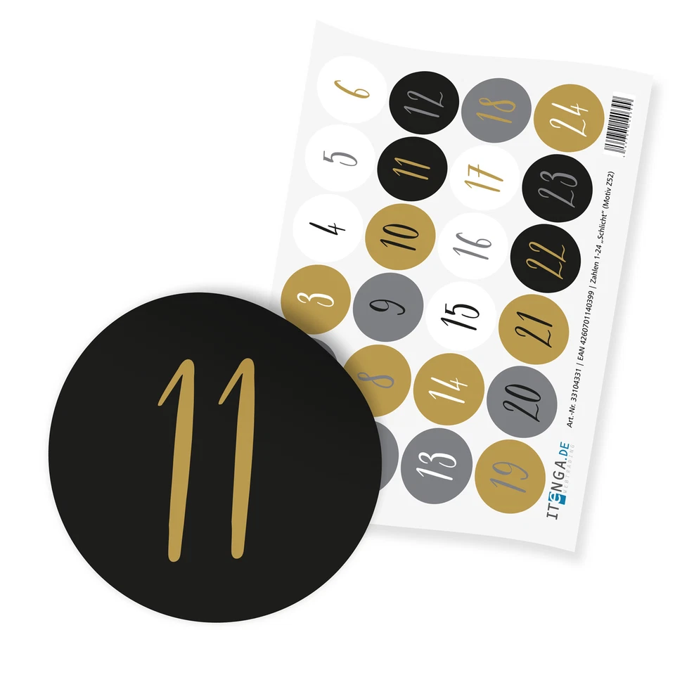 itenga 24x Sticker Zahlen Adventskalender Basteln 1 bis 24 Schlicht 2,0 cm