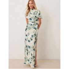 Asos Women's Natural High Neck Drape Bodice Cape Floral Maxi Dress Women's Sz 8