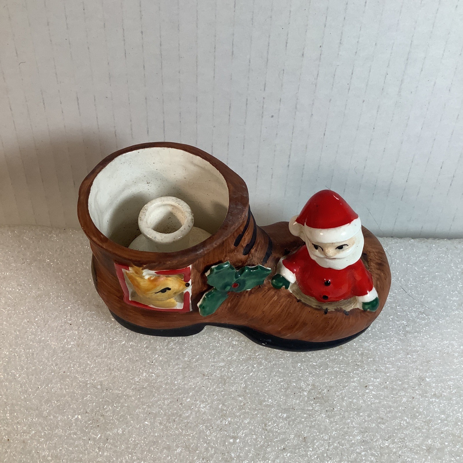 Vintage Napco Ceramic Christmas Boot Red Candle Holder Santa & Reindeer MCM