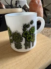 Vintage Hazel Atlas Green Floral Milk Glass Mug Retro Mod Flower Coffee Cup 8oz