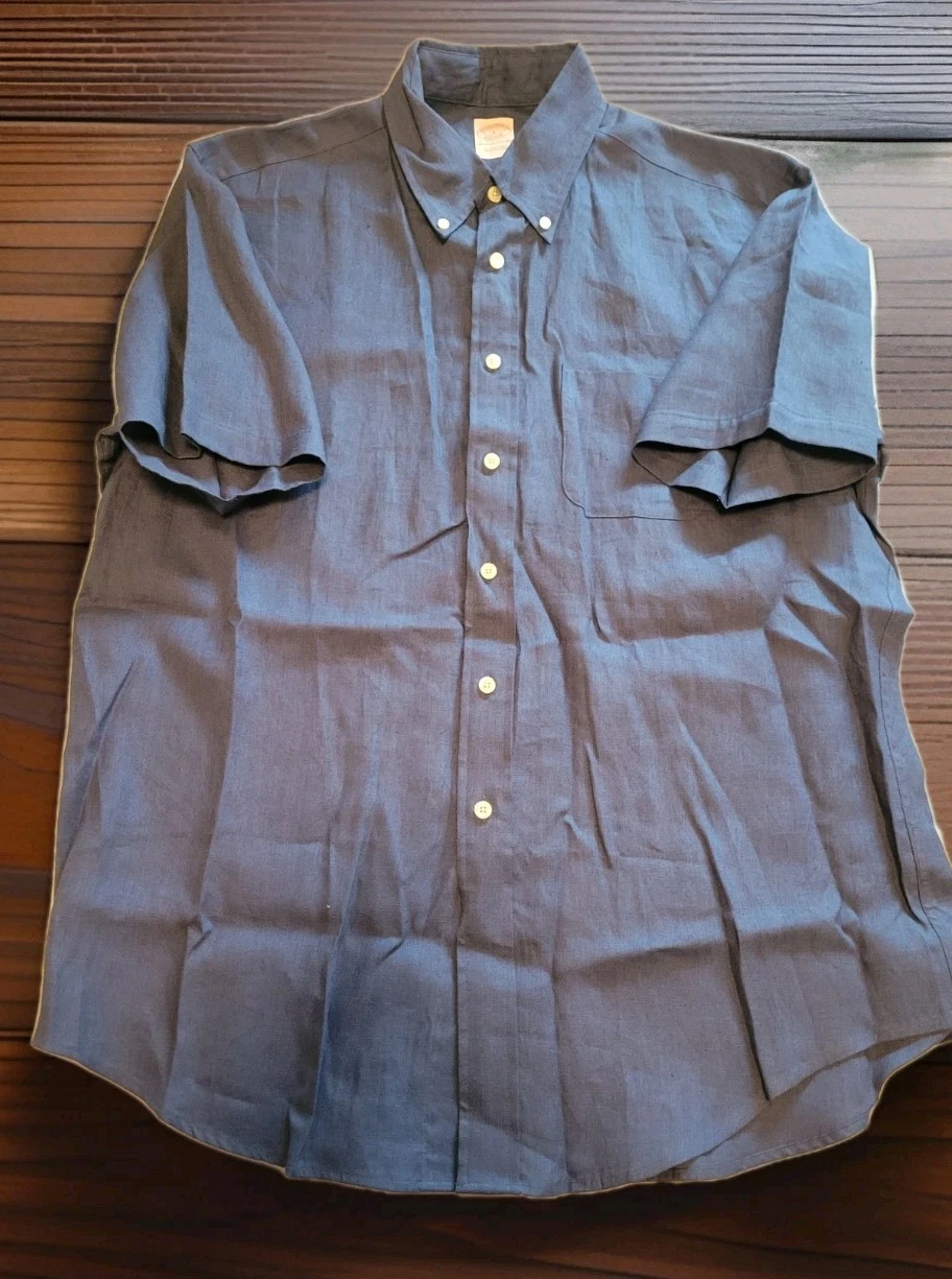 Brooks Brothers 100% Pure Irish Linen Short Sleeved Button Down Blue Shirt (L)