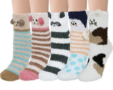 5 Pairs Womens Fuzzy Socks Cozy Soft Fluffy Cute Cat Animal Winter Warm Slipp...