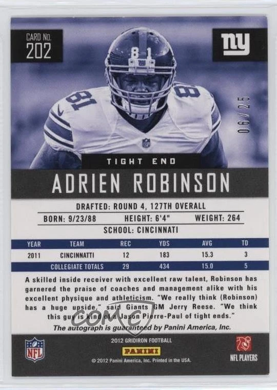 2012 Panini Gridiron O's Signatures /25 Adrien Robinson #202 Rookie Auto RC - Image 2 of 2