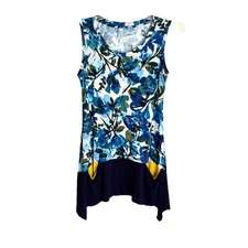 Logo by Lori Goldstein Sz S Blue Floral Sleeveless Pockets Tunic Rayon Top