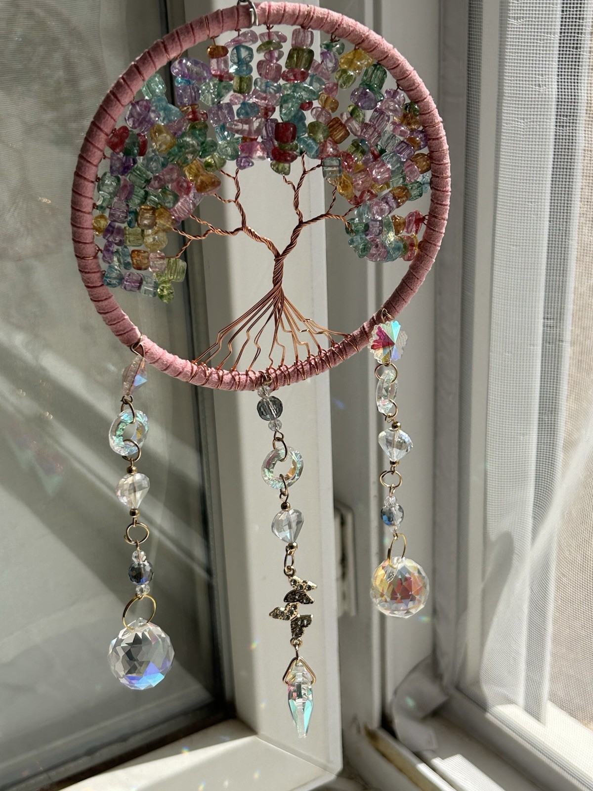 Attrape-Soleil Arbre de Vie en cristal de verre rose transparent ornement de luxe
