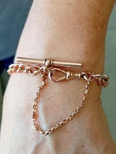 9CT Rose Gold Curb Chain Bracelet with T-Bar & Safety Chain 21g