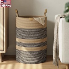 Spacious Cotton Laundry Hamper Woven Basket W/ Stylish Leather Handles Storage