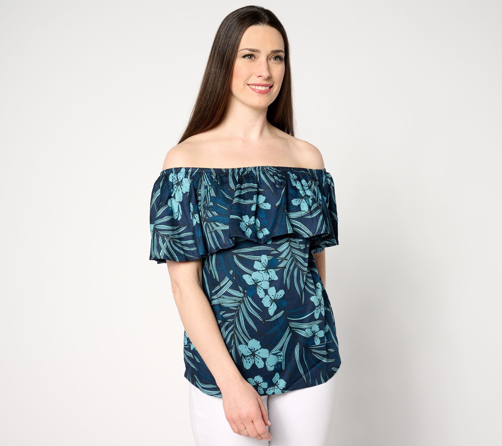 Anybody Women's Top Sz XL Printed Off The Shoulder Ruffle Woven Blue A648733