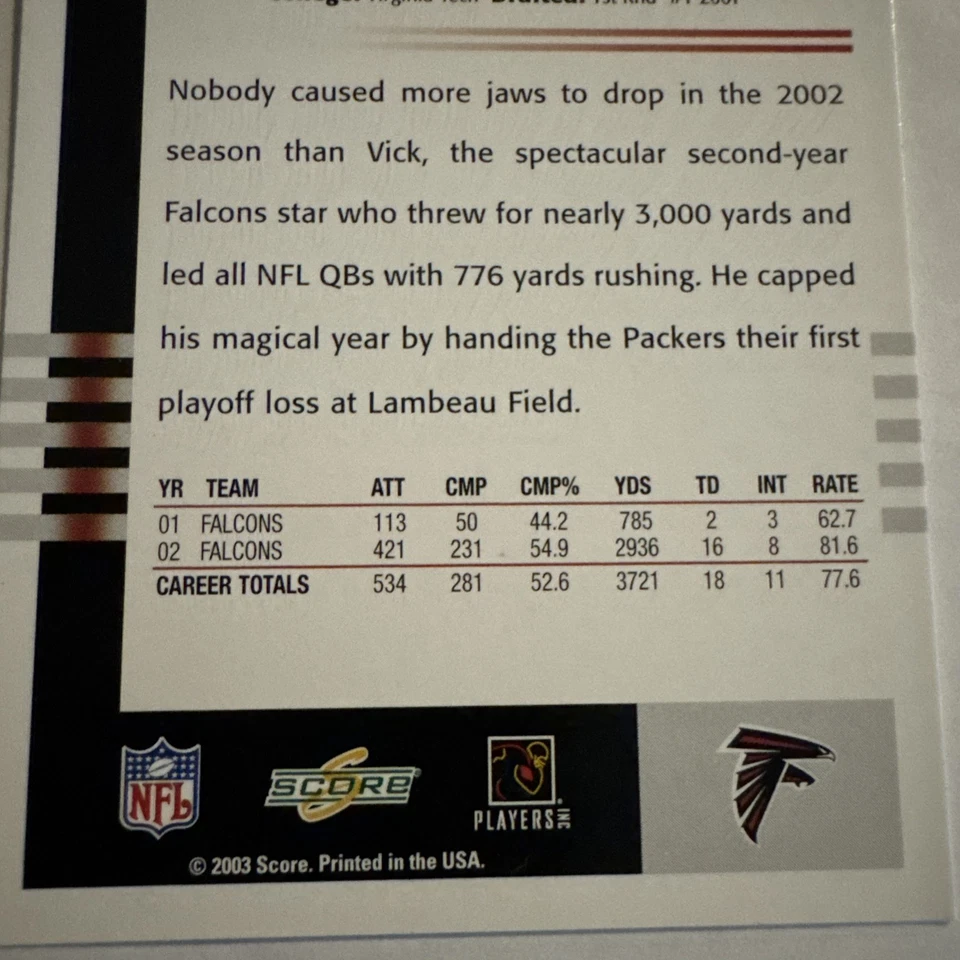 2003 Score - Michael Vick #154, Atlanta Falcons - Image 3 of 3