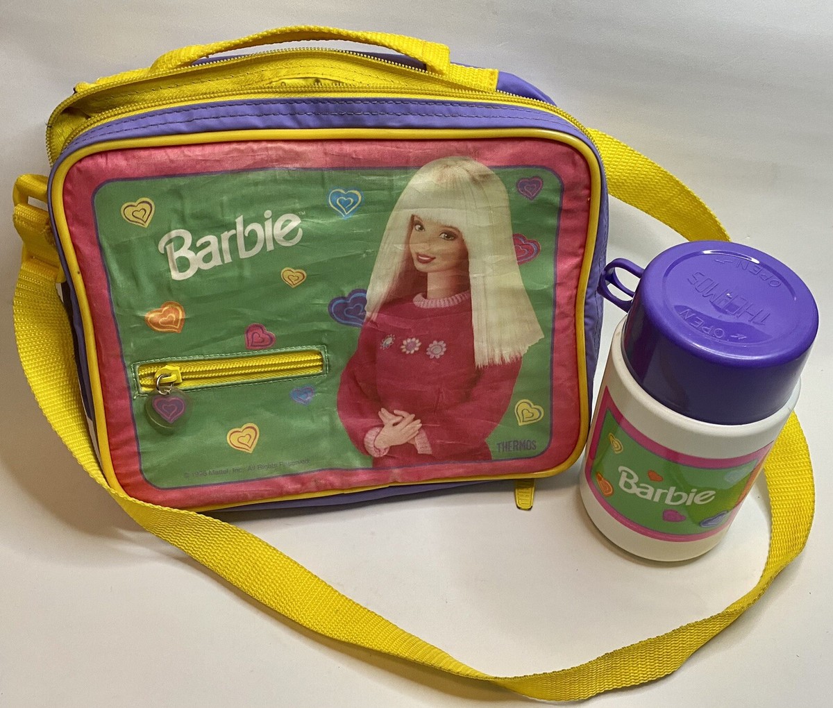 Vintage 1998 Mattel Barbie Lunch Box & Matching Thermos Soft Zip