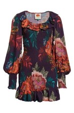 Farm Rio Size M viscose ruching flower scarves mini dress viscose ruching floral