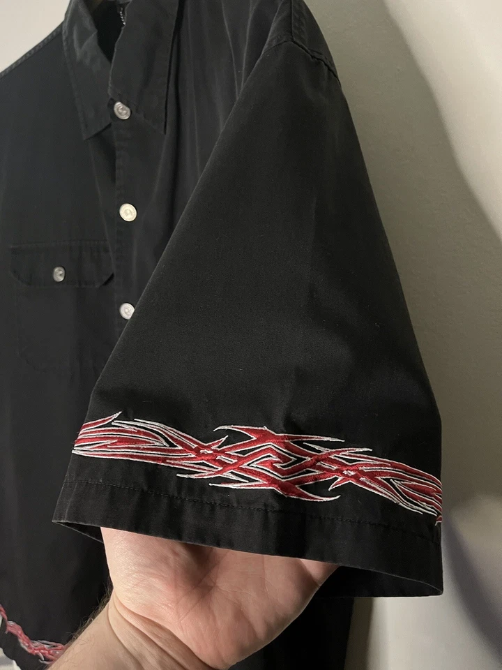 Винтажный мотоциклиста кнопка вверх размер XL 90-х черный красный вышитое пламя готический стиль - Изображение 3 из 4