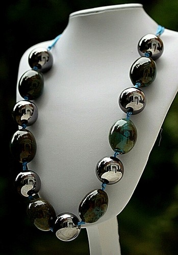 Vintage Stunning Real Stone Blue Gray Brown Ribbon Necklace 1980'