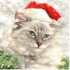 SERVIETTES EN PAPIER CHAT BONNET DE NOEL. PAPER NAPKINS CAT WITH CHRISTMAS CAP