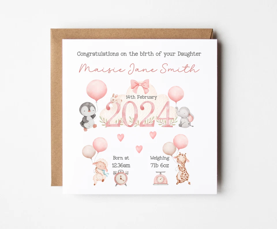 Personalised New Baby Girl Card Birth Details It's a Girl! Baby Arrival Daughter - Image 2 of 3