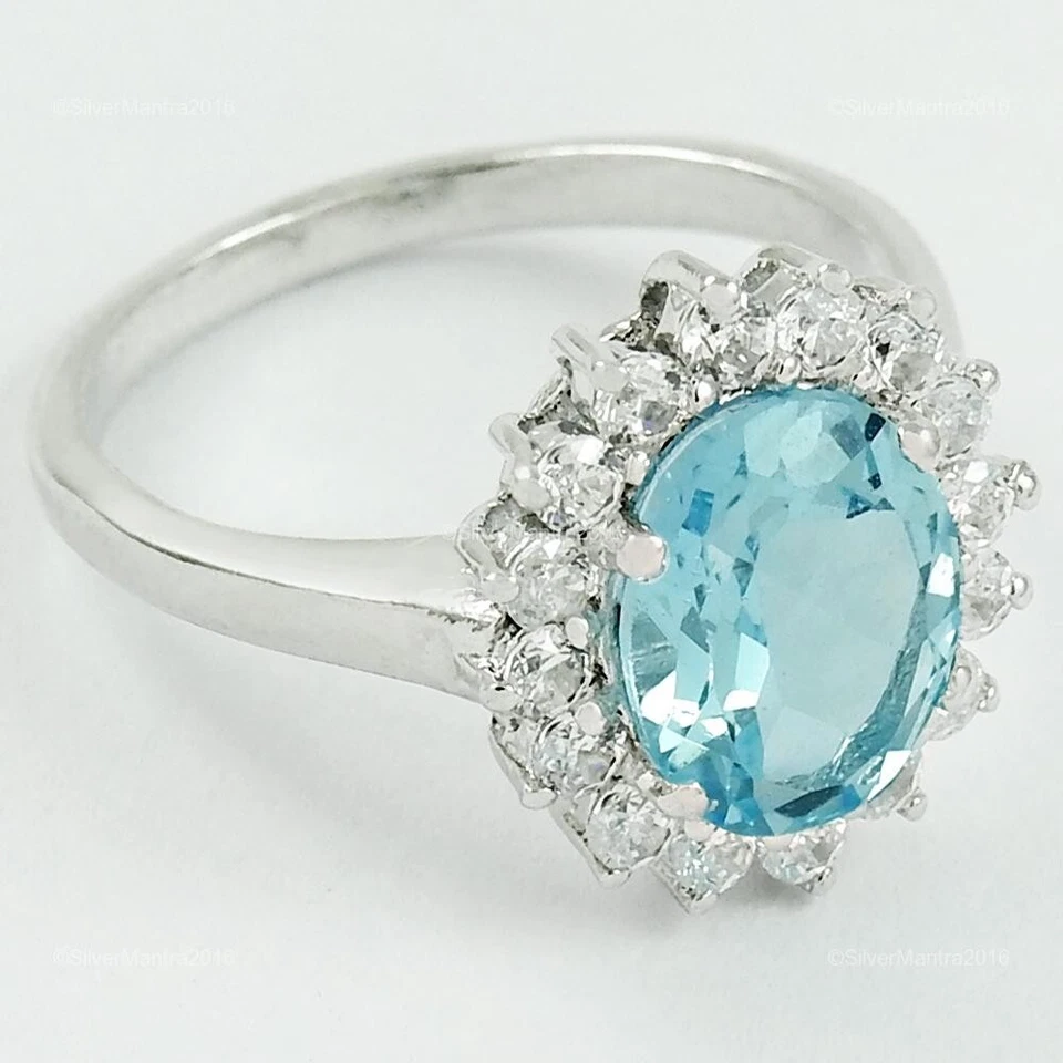 925 Sterlingsilber Blau Topas Cubic Zirkonia Cocktail Ehefrau Rhodiniert Ring - Bild 4 von 4