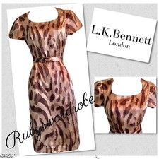 L K Bennett Brown Silk Animal Print Casual Office Work Evening Dress UK 8