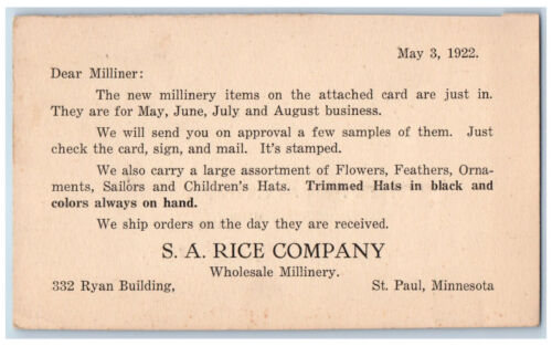 St. Paul Minnesota MN Postal Card S.A. Rice Company Wholesale Millinery 1922 - Afbeelding 1 van 2