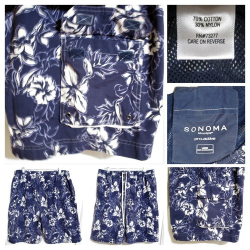 Men's Cargo Swim Trunks Navy Blue Floral Hawaiian Lined Board Shorts 9.5" Large - Bild 5 von 11