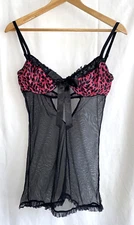 DREAMGIRL Black Sexy Mesh Babydoll Slip Animal Print Cups Sequins Size M