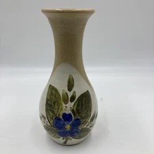 O’Neil Art Pottery 8” Vase With Blue Flower Green Leaves White Background