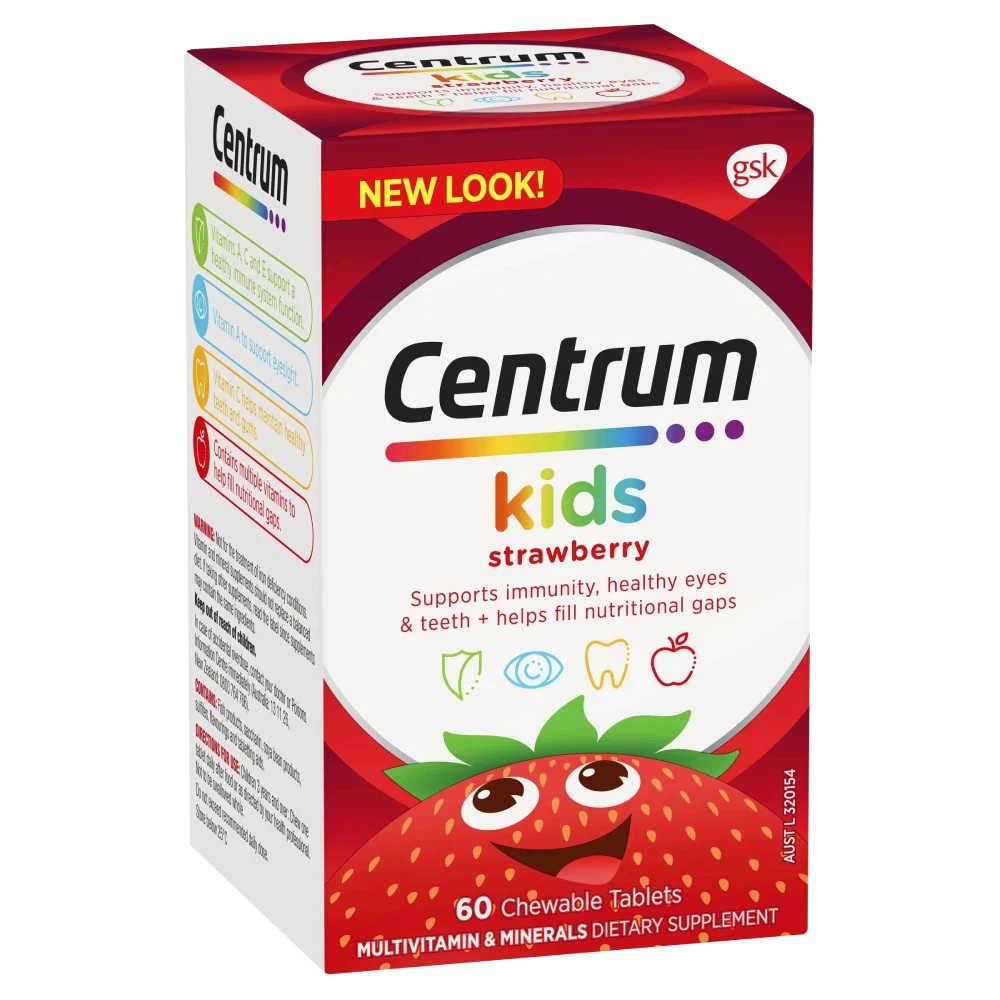 Centrum Kids Multivitamin 60 Chewable Tablets - Strawberry Flavour A to Zinc