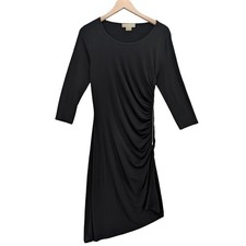 Michael Kors Ruched Sheath Dress Black 3/4 Sleeve Jersey Zip Asymmetrical Sz 10