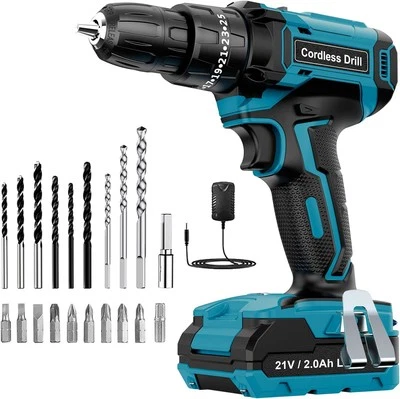 Cordless Drill Driver 21V, LEEIKOO Cordless Hammer Drill Set, 42N.m Battery Dril