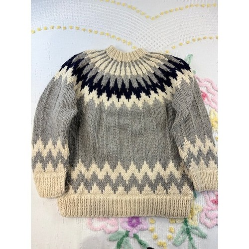 Vintage Hand Knit Wool Nordic Fair Isle Sweater Grey Cream Navy Sunburst Yoke, $50