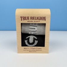 True Religion Mens 2 Pack Crew Socks in Wooden Gift Box Black Grey Size 10-13