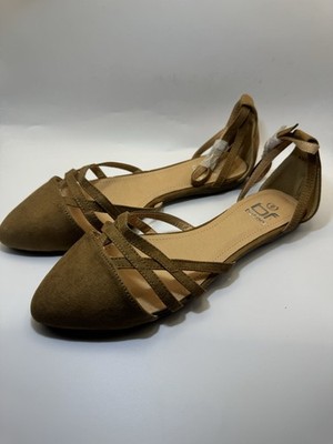 Betani Strappy Brown Pointed Toe Flats Faux Suede Buckle Lightweight Women's 6 