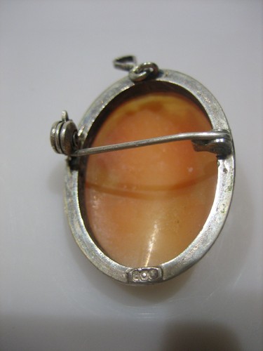CIONDOLO SPILLA CAMMEO CONCHIGLIA INTAGLIATA ARGENTO 800 VINTAGE - Foto 4 di 6