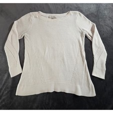 LOFT Womens White Knit Sweater Boat Neck Long Sleeve Cotton Blend Size Medium