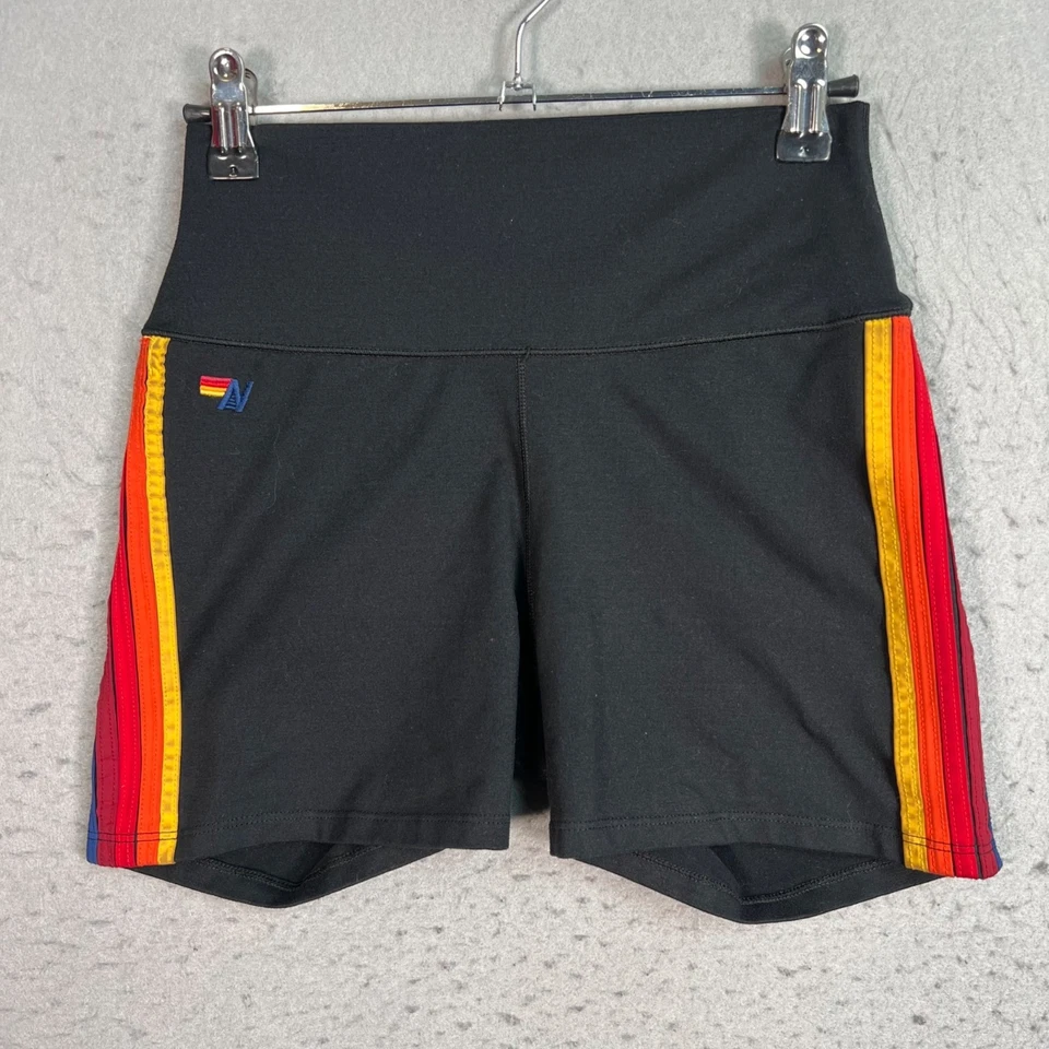 Aviator Nation Size Medium Set Black With Rainbow Stripes Sports Bra & Shorts - Image 4 of 4