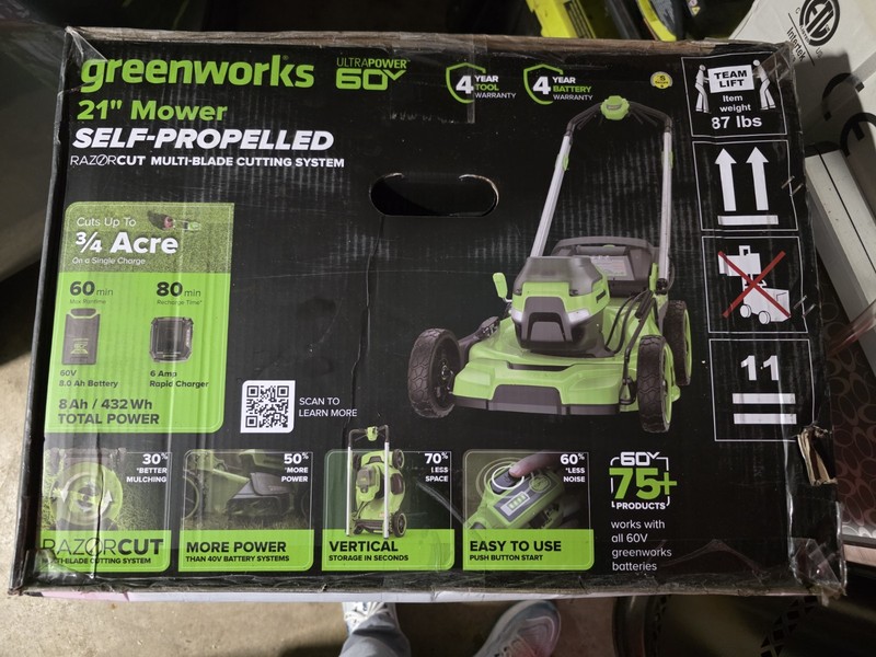 Greenworks 60v 21 Inch Self Propelled LED Brushless Mower New In Box W 8 AH Bat