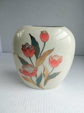 Vintage Action Made In Japan Oval Flat Vase Tulips With Gold Trim