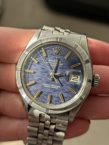 Rolex Oyster Perpetual Date 1501 Blue Dial Engine Turned Bezel Vintage 34mm