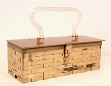 VTG Women's 50s 60s Gold Tone Woven Metal Basket Hand Bag / Purse W/ Lucite Top
