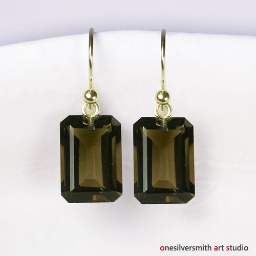 Reines 18k 14k Gold moderner Smaragdschliff natürlicher Rauchquarz Designer Ohrringe - Bild 1 von 15