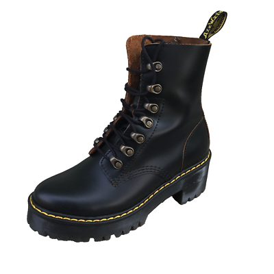 Dr Martens Leona Black Leather Lace Up Platform Combat Boot Women