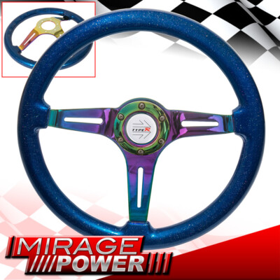 Metallic Blue Wood Neo Chrome Center Deep Dish 6 Bolt Type-R Steering Wheel