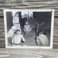 Vintage Black And White Photo Group of Men Playing Cards Military Jeep 