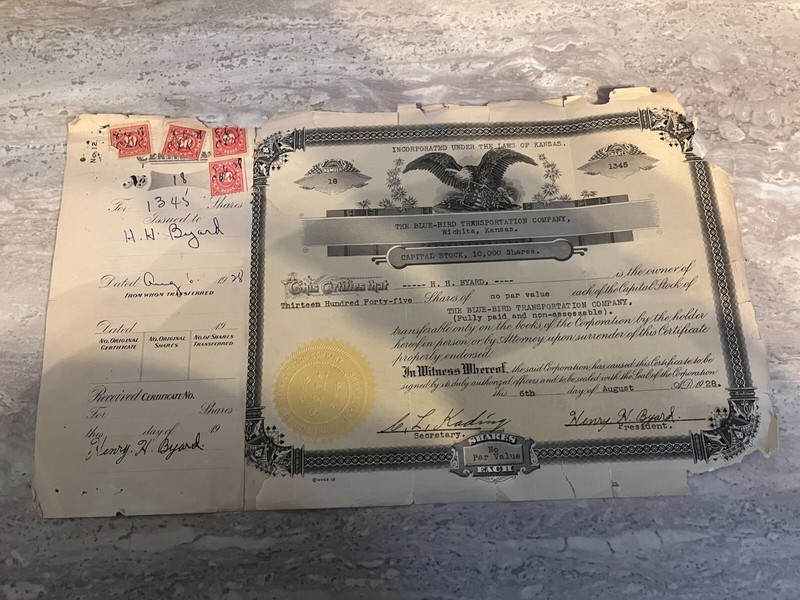 Vintage Blue Bird Transportation Co 1928 Stock Certificate